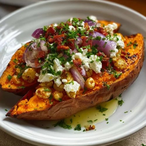 Loaded Roasted Sweet Potato 2 Delicious loaded roasted sweet potato topped with toppings and herbs