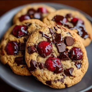 Maraschino Cherry Chocolate Chip Cookies Delight 2 Maraschino Cherry Chocolate Chip Cookies stacked on a plate