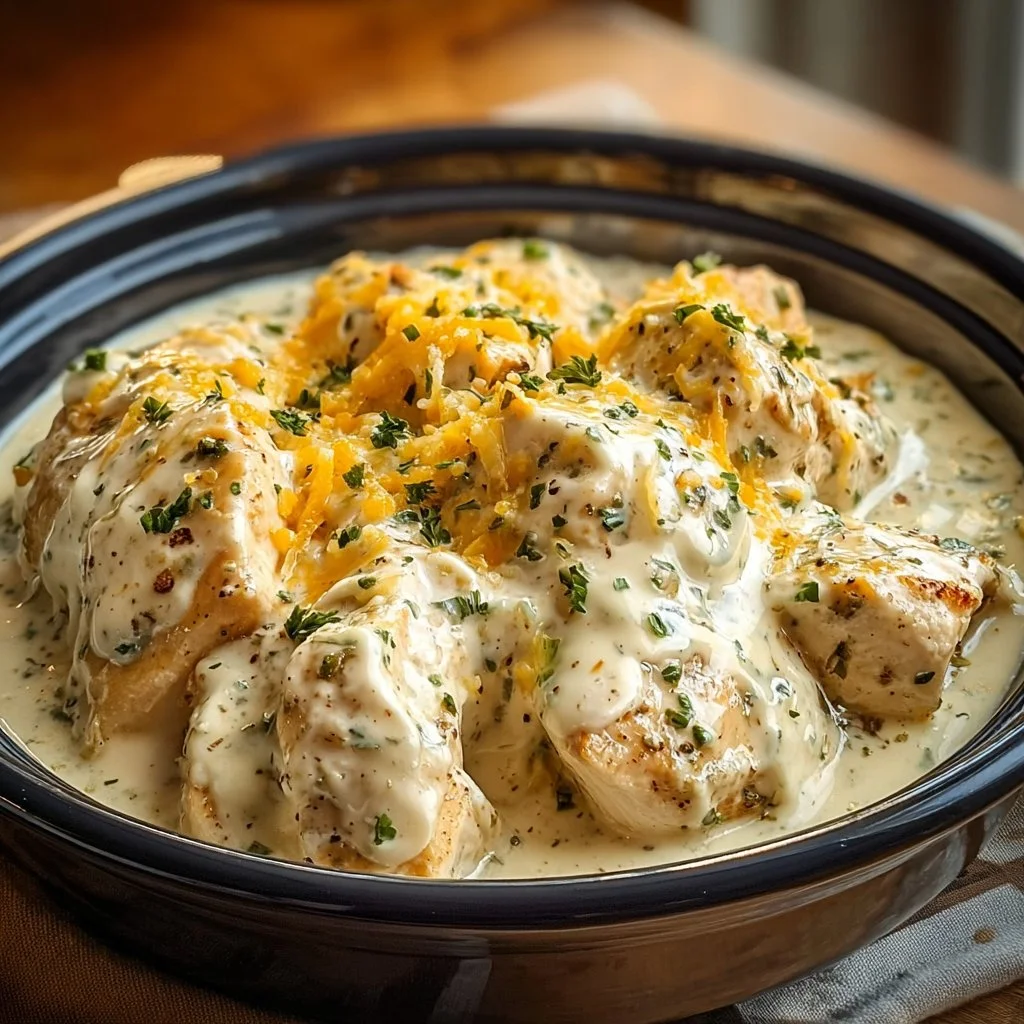 Creamy Ranch Chicken cooked in a CrockPot for a delicious meal