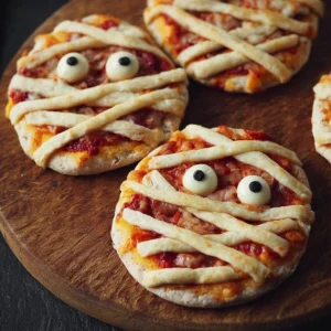 Mummy Mini Pizzas 2 Spooky Mummy Mini Pizzas ready to serve for Halloween celebrations.