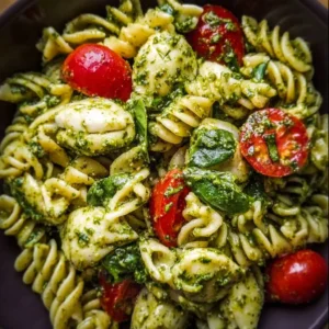 Colorful pesto pasta salad with fresh veggies and herbs in a bowl