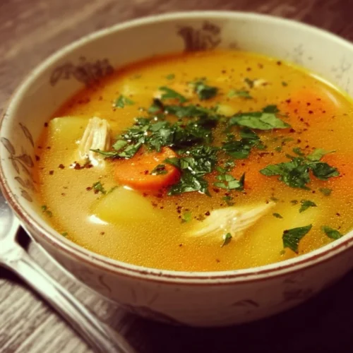 A bowl of homemade soup with fresh ingredients and herbs