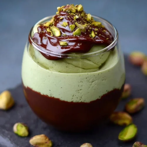 Pistachio Mousse with Chocolate Ganache 2 Delicious pistachio mousse topped with chocolate ganache in a dessert glass.