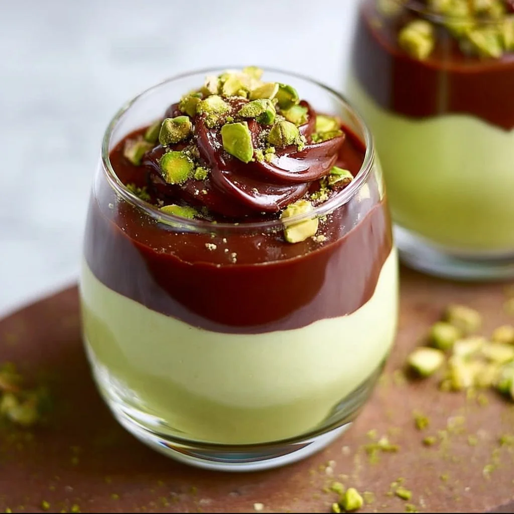 Pistachio Mousse with Chocolate Ganache 1 Pistachio mousse dessert topped with chocolate ganache in a glass dish.
