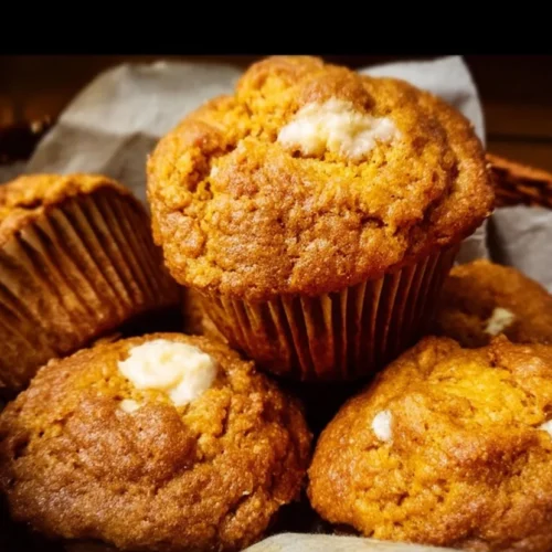 Pumpkin Cream Cheese Muffins 2 Delicious Pumpkin Cream Cheese Muffins on a rustic wooden table