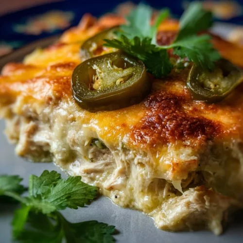 Quick and Easy Green Chile Chicken Enchilada Casserole 2 Quick and easy green chile chicken enchilada casserole served in a baking dish.