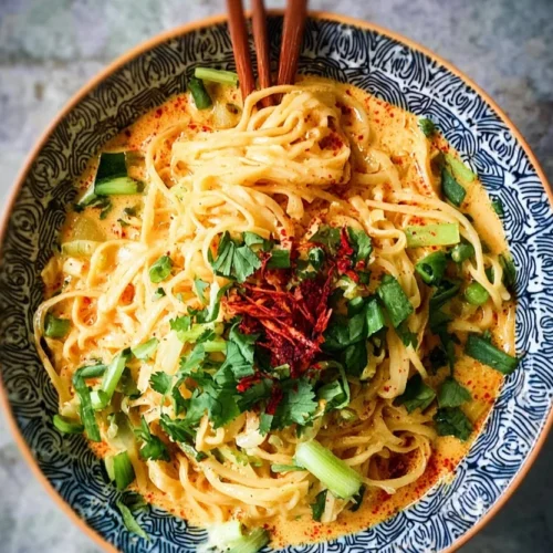 Quick Spicy Coconut Noodles 2 Bowl of quick spicy coconut noodles garnished with herbs and chili