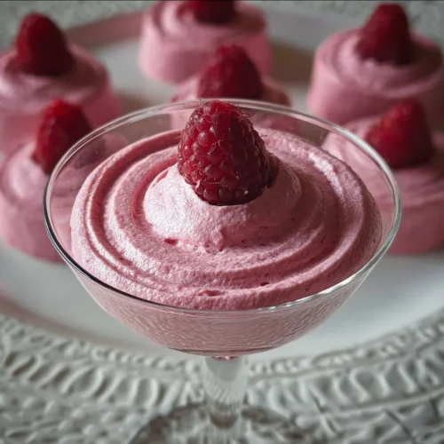 Raspberry Mousse 2 Delicious homemade raspberry mousse garnished with fresh raspberries and mint