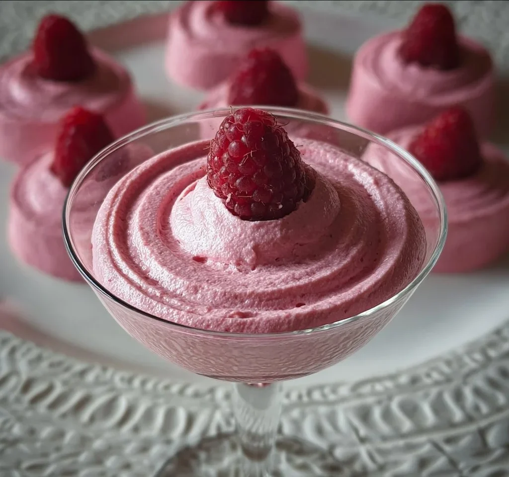 Raspberry Mousse 1 Delicious homemade raspberry mousse garnished with fresh raspberries and mint