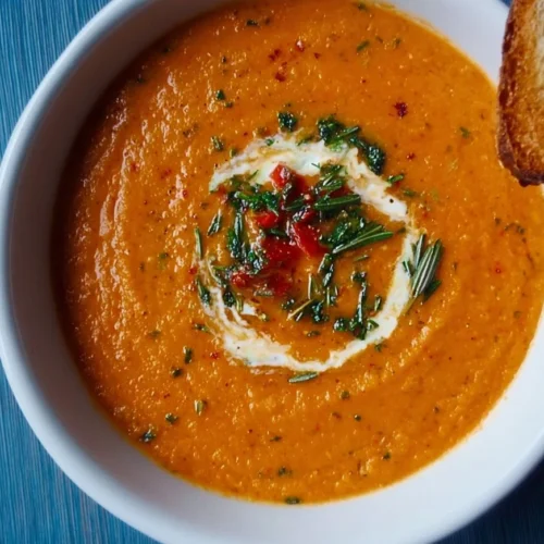 A bowl of smooth and creamy roasted vegetable soup with fresh herbs