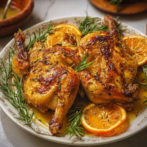 Rosemary Orange Spatchcock Chicken 2 Rosemary Orange Spatchcock Chicken served with fresh herbs and citrus glaze