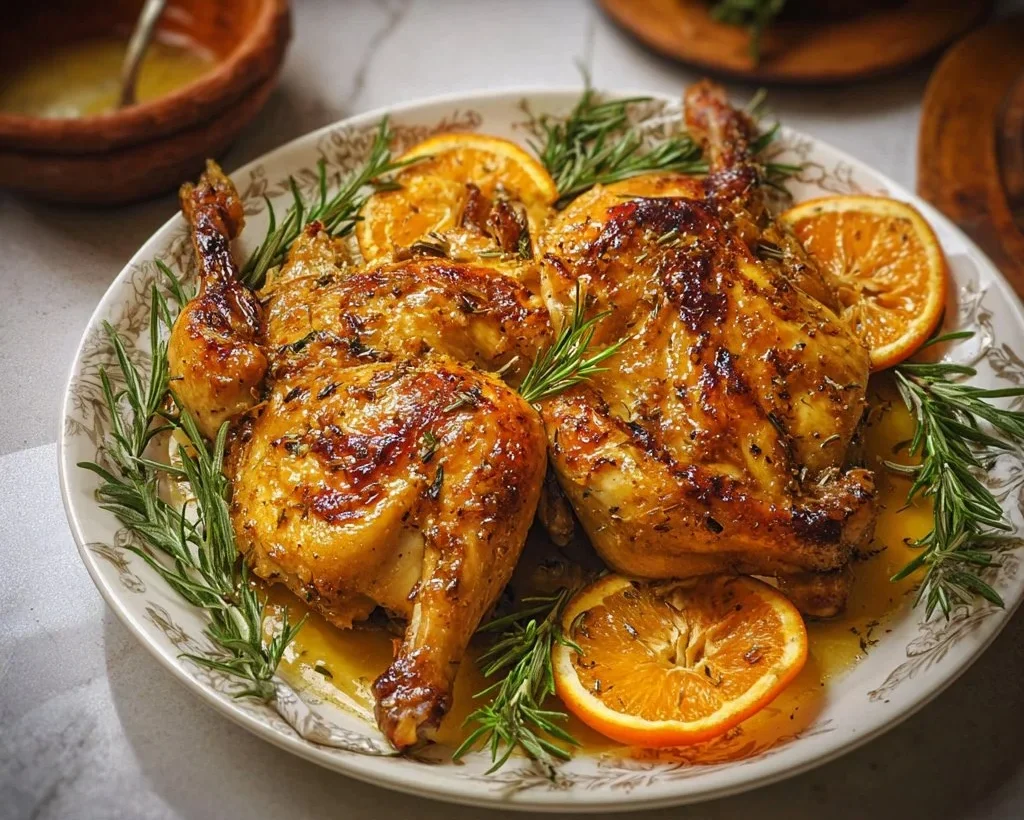 Rosemary Orange Spatchcock Chicken 1 Rosemary Orange Spatchcock Chicken served with fresh herbs and citrus glaze