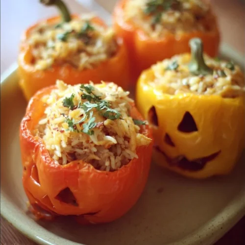 Shredded Chicken and Rice Stuffed Peppers on a white plate