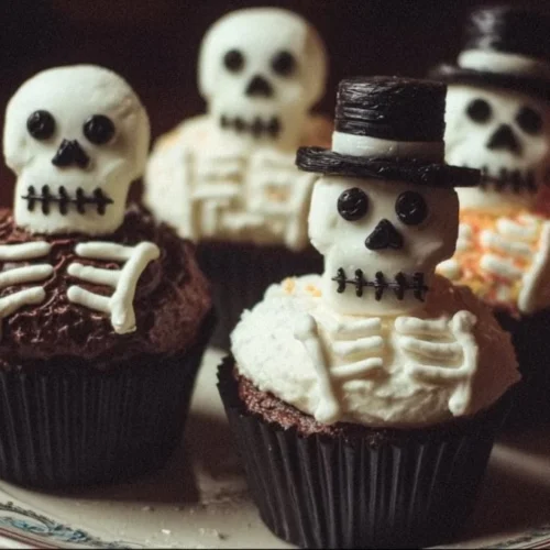 Skeleton Cupcakes 2 Spooky skeleton cupcakes decorated for Halloween celebration