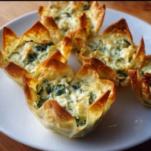 Spinach-Artichoke Dip Wonton Cups 2 Crispy wonton cups filled with creamy spinach-artichoke dip