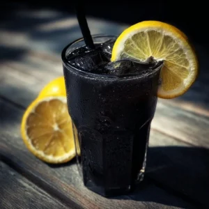 Spooky Black Lemonade 2 Chilling glass of spooky black lemonade with eerie garnishes for Halloween.