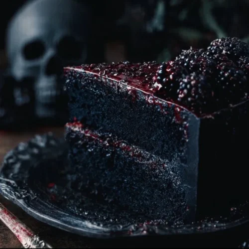 Spooky Black Velvet Halloween Cake decorated for Halloween celebrations