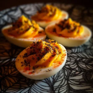 Spooky Spiderweb Deviled Eggs 2 Spooky spiderweb deviled eggs, a creative Halloween appetizer.
