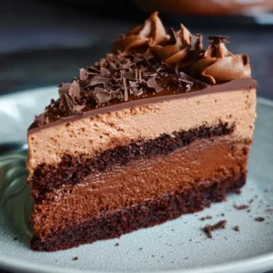 Triple-Layer Chocolate Mousse Cake 2 Triple-Layer Chocolate Mousse Cake with rich chocolate layers and creamy mousse