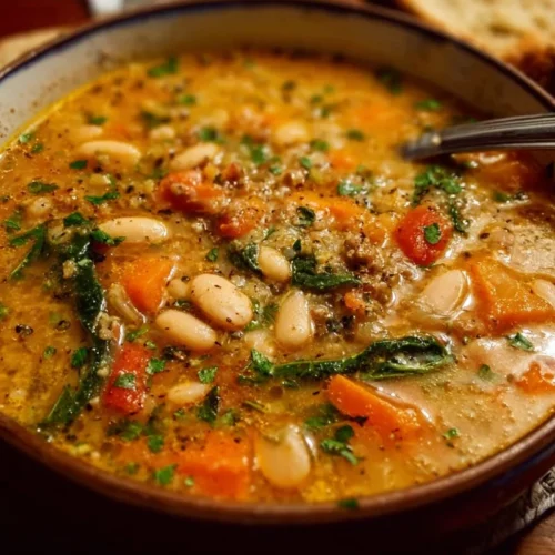 Tuscan White Bean Soup 2 Delicious bowl of Tuscan White Bean Soup garnished with herbs