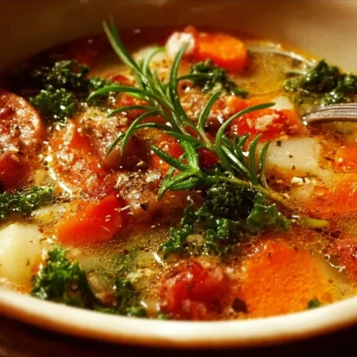 Bowl of Tuscany Soup garnished with fresh herbs and vegetables