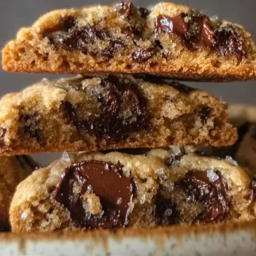 Ultra Thick Bakery Style Chocolate Chip Cookies – Crispy Edges, Gooey Centers, and Loaded with Chocolate! 2 Ultra thick chocolate chip cookies with crispy edges and gooey centers, freshly baked.