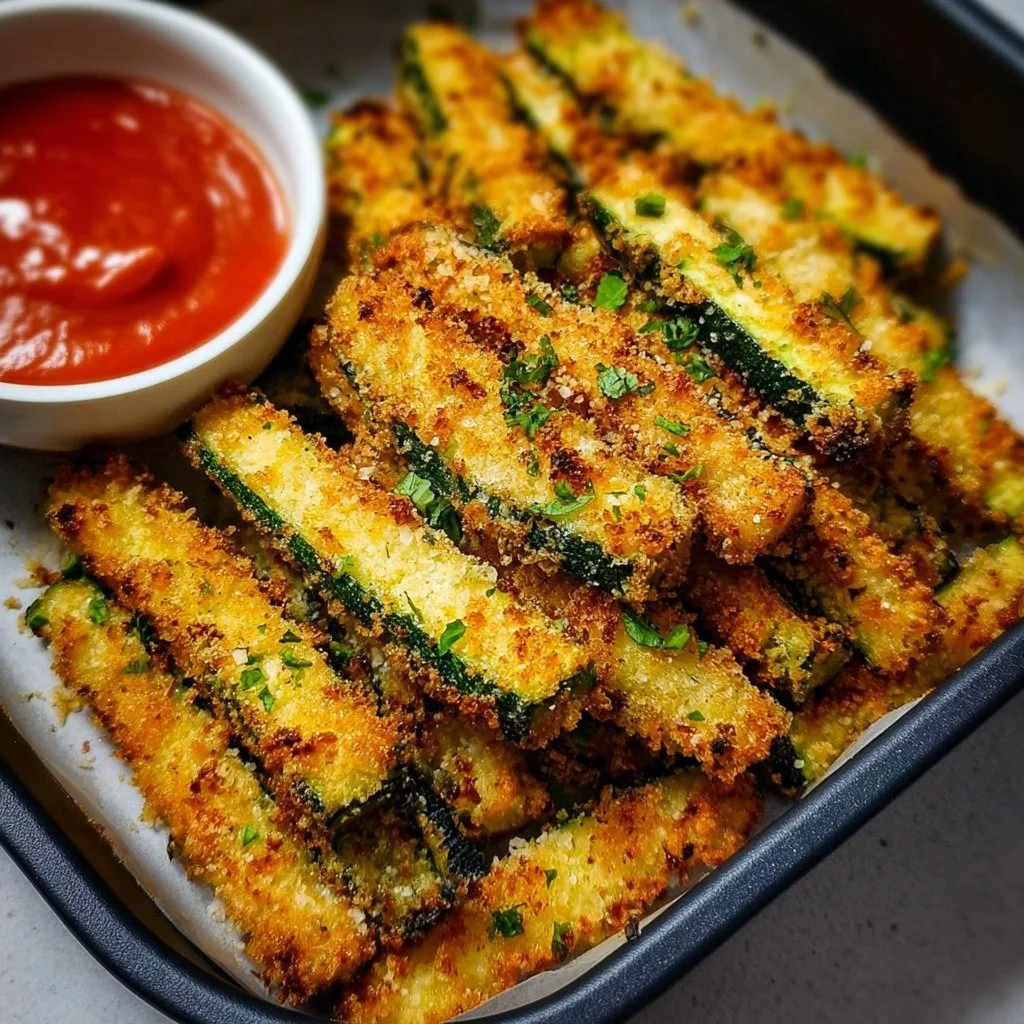 Air Fryer Zucchini Fries 2 Crispy air fryer zucchini fries served on a plate with dipping sauce