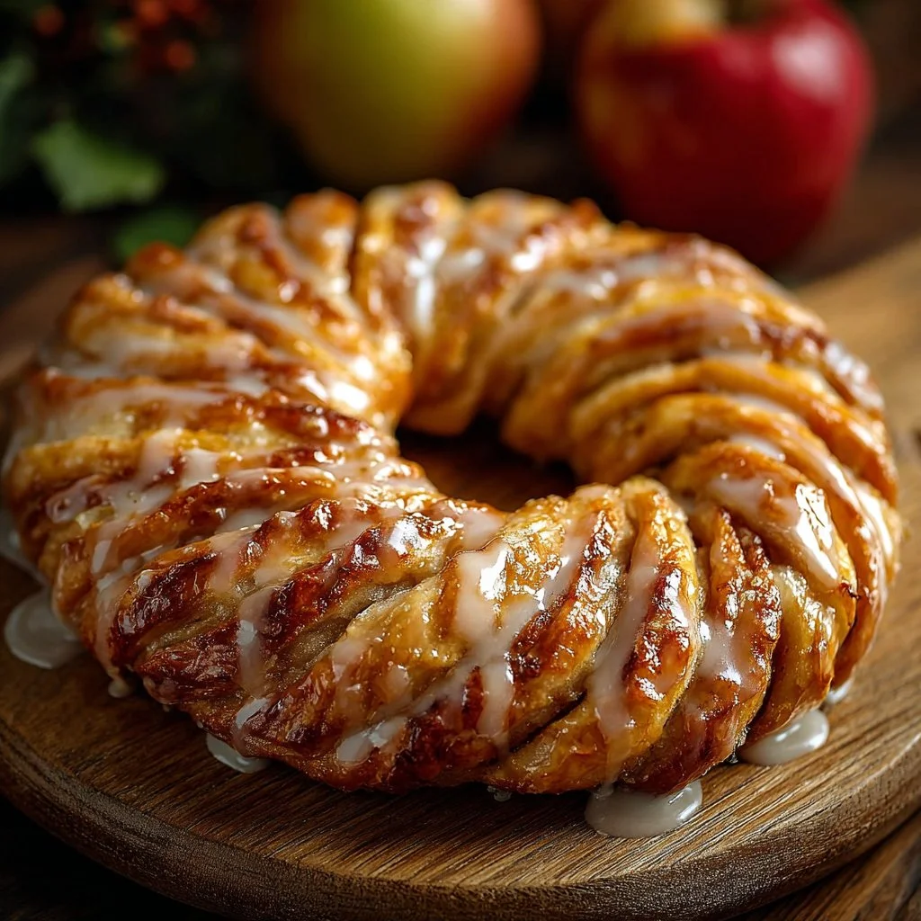 Apple Kringle with Vanilla Glaze Recipe is a must-try! 1 Delicious homemade Apple Kringle topped with vanilla glaze on a wooden table.