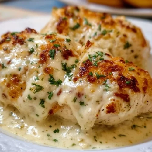Baked cream cheese chicken in a creamy sauce with herbs and spices.