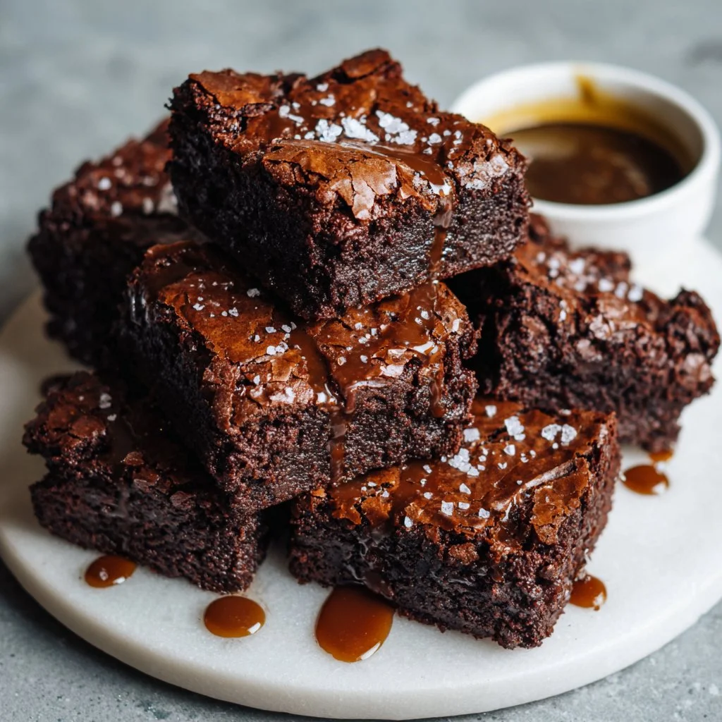 Best Brownies 2 Delicious, fudgy brownies topped with chocolate drizzle on a wooden table.