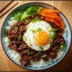 Best Korean Ground Beef Bowls 3 A delicious Korean Ground Beef Bowl garnished with green onions and sesame seeds.