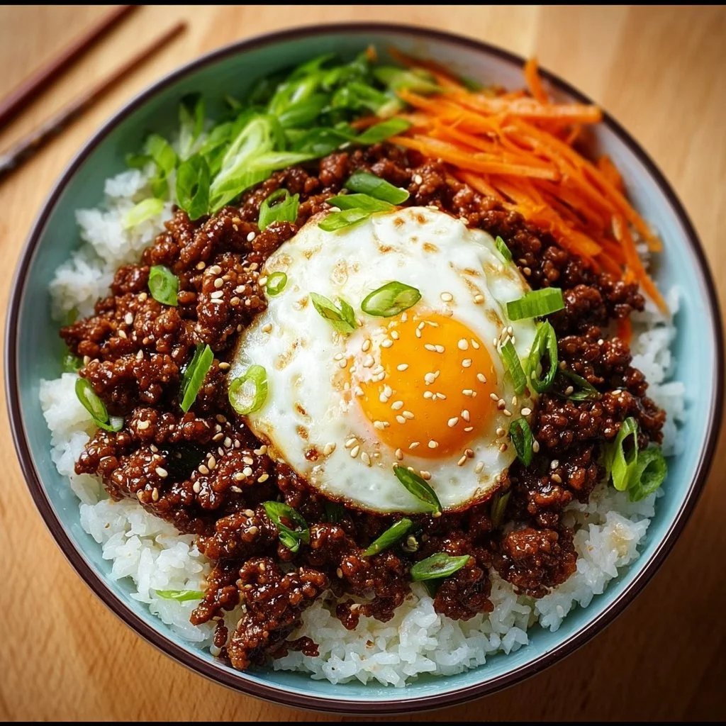 Best Korean Ground Beef Bowls 2 A delicious Korean Ground Beef Bowl garnished with green onions and sesame seeds.