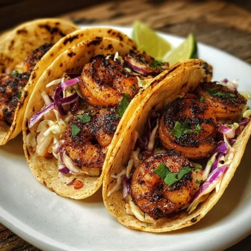 Delicious blackened shrimp tacos topped with fresh slaw on a plate