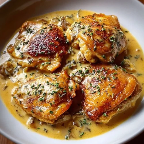 Bobby Flay's Creamy Chicken Thighs 2 Bobby Flay's creamy chicken thighs served with a side of vegetables
