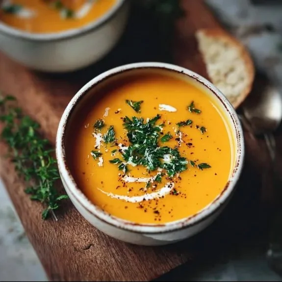 Butternut Squash Soup 2 Creamy butternut squash soup served in a bowl garnished with herbs.