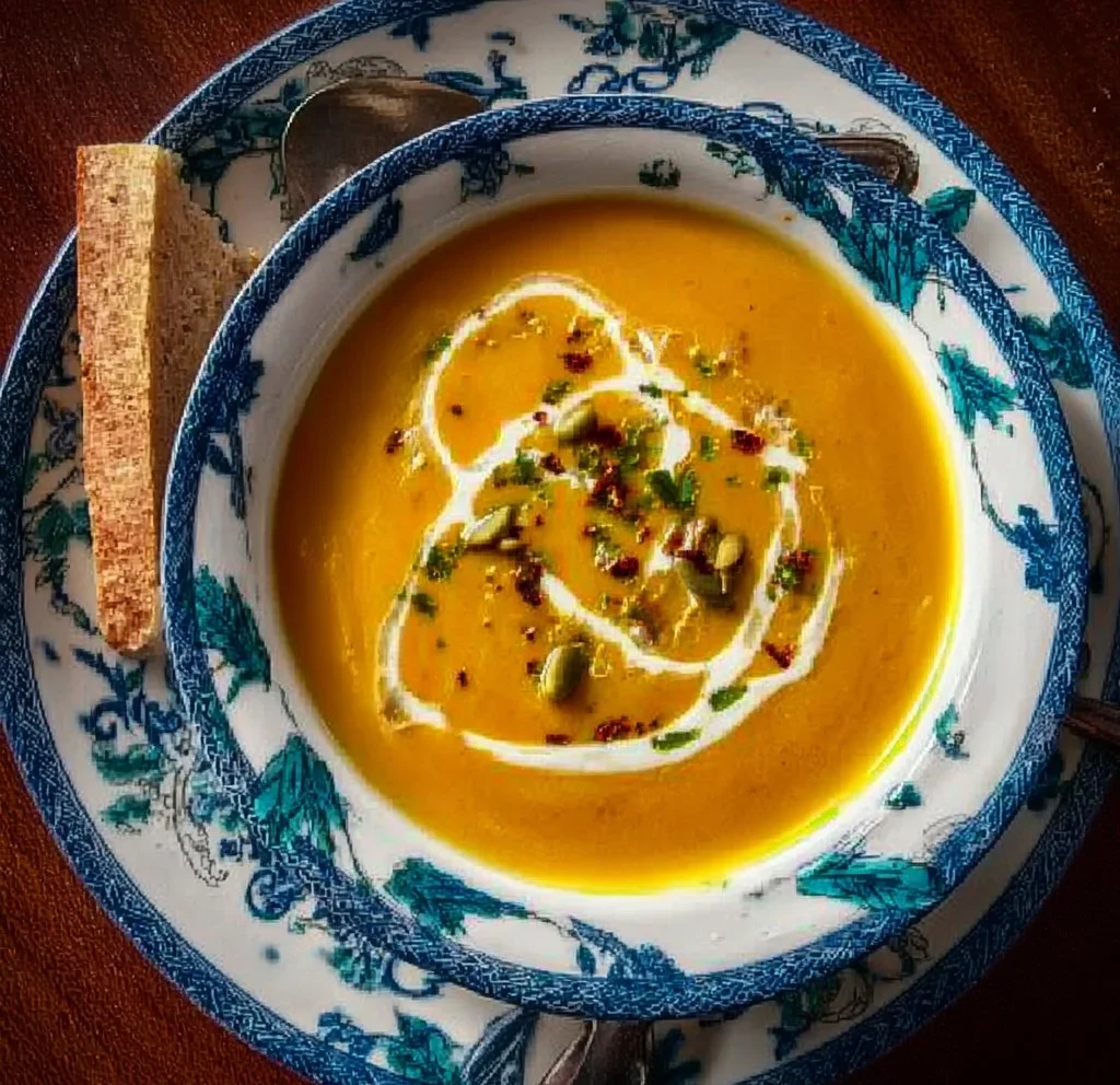 Butternut Squash Soup 2 Warm bowl of creamy butternut squash soup garnished with herbs.
