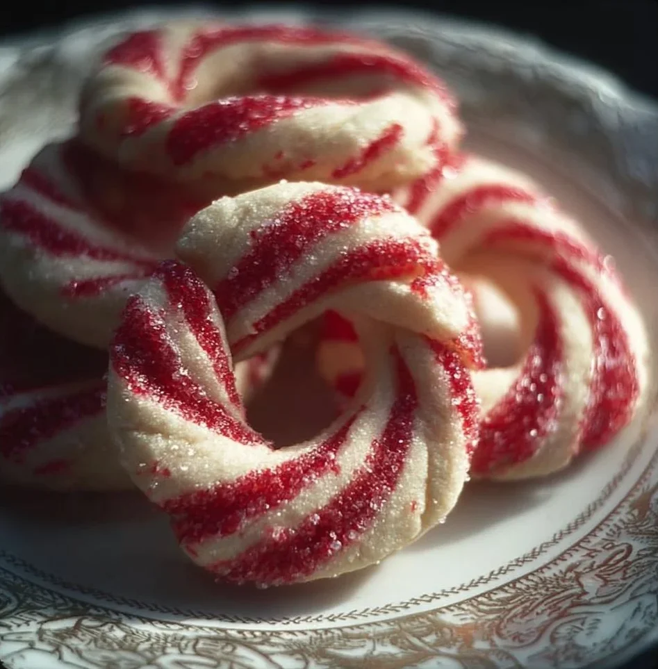 Candy Cane Cookies 1 A plate of delicious Candy Cane Cookies decorated with festive red and white stripes.