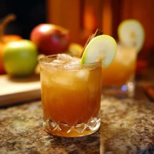 Caramel Apple Cider Cocktail 3 Caramel Apple Cider Bourbon Cocktail served in a glass with apple slices and caramel drizzle.