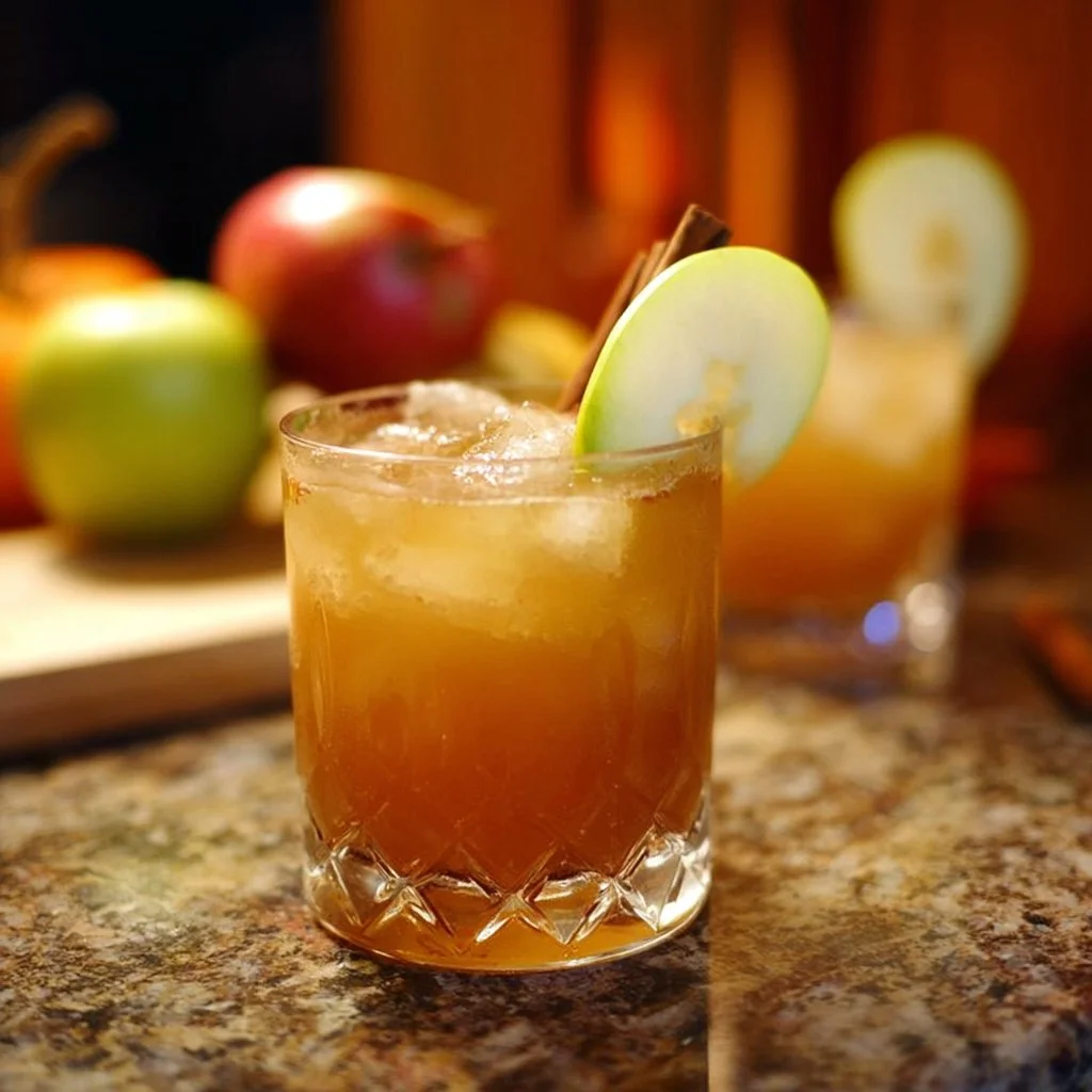 Caramel Apple Cider Cocktail 2 Caramel Apple Cider Bourbon Cocktail served in a glass with apple slices and caramel drizzle.