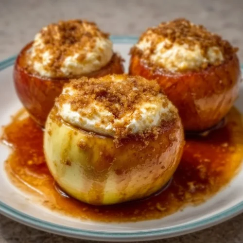 Cheesecake stuffed baked apples with a creamy filling and golden-brown skin