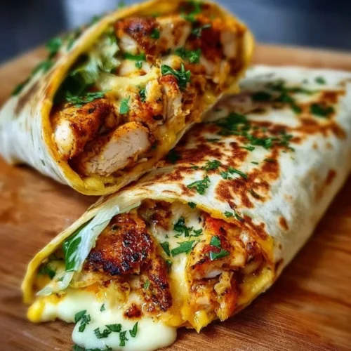 Cheesy Garlic Chicken Wraps 2 Cheesy garlic chicken wraps filled with chicken, cheese, and spices