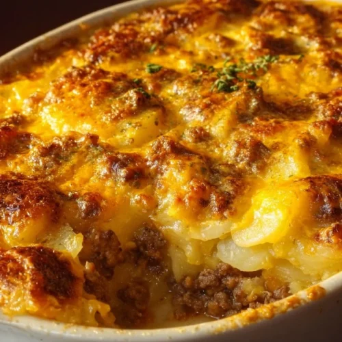 Cheesy Hamburger Potato Casserole 3 Delicious cheesy hamburger potato casserole served in a dish