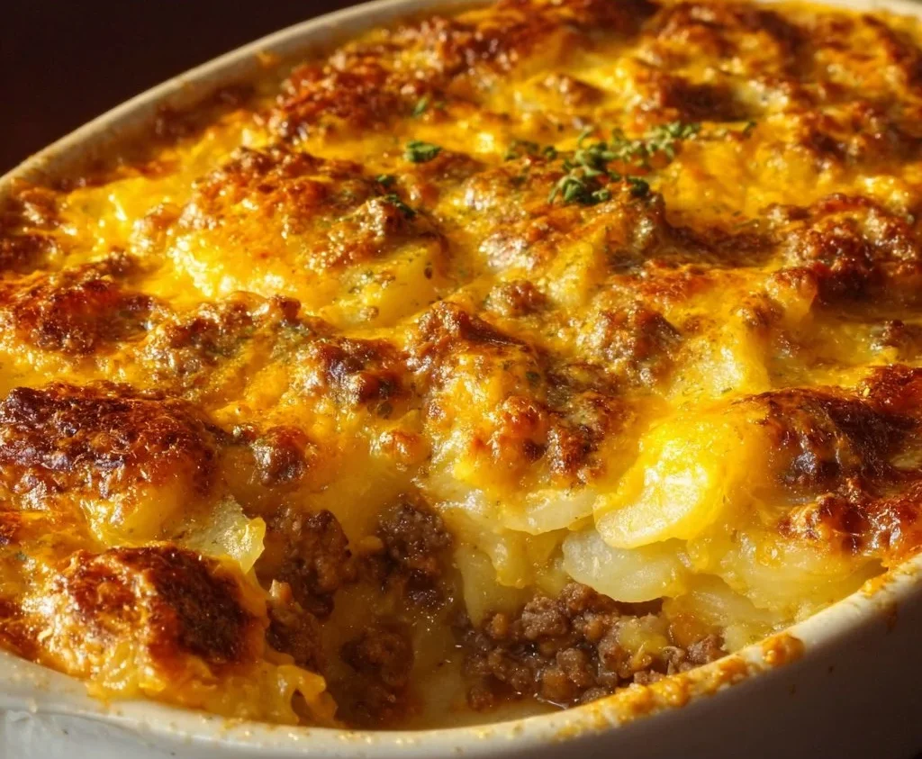 Cheesy Hamburger Potato Casserole 2 Delicious cheesy hamburger potato casserole served in a dish