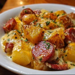 Cheesy Ranch Potatoes with Smoked Sausage 3 Cheesy Ranch Potatoes with Smoked Sausage baked in a dish
