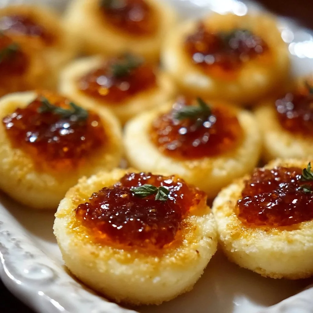 Cheesy Thumbprint Appetizers with Hot Pepper Jelly 2 Cheesy thumbprint appetizers topped with hot pepper jelly on a serving platter