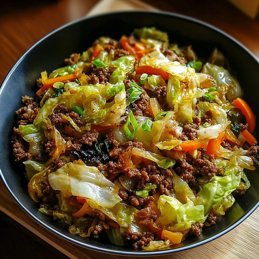 Chinese ground beef and cabbage stir-fry garnished with green onions