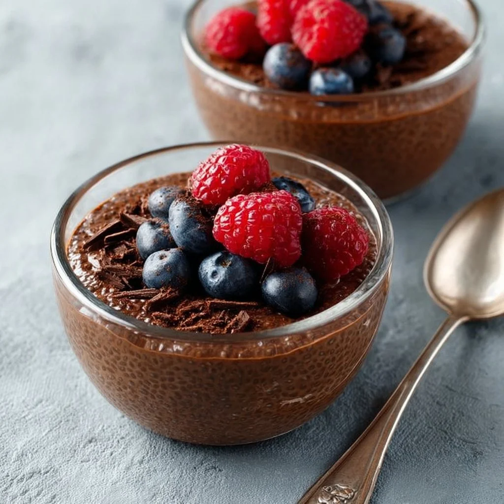 Delicious Chocolate Chia Seed Pudding topped with fruits and nuts