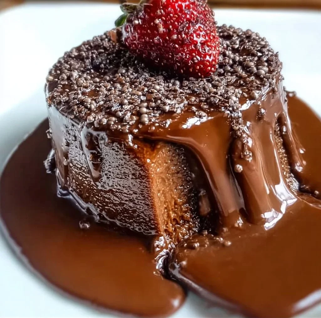 Delicious chocolate fudge flan topped with whipped cream and chocolate syrup.