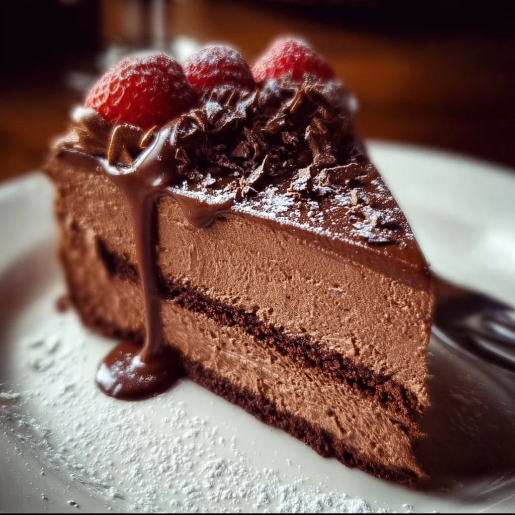 Chocolate Mousse Cake 2 Delicious Chocolate Mousse Cake topped with chocolate shavings and berries