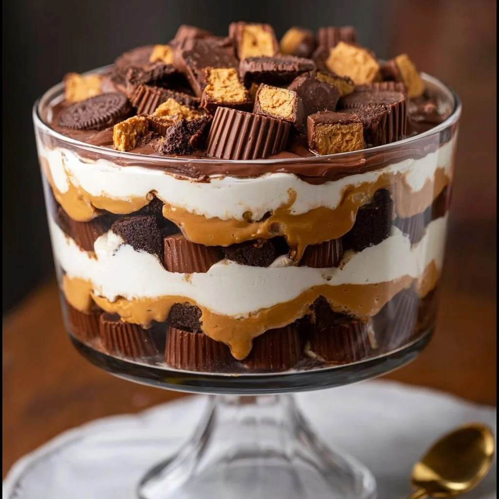 Delicious Chocolate Peanut Butter Cup Trifle with layers of chocolate and peanut butter.